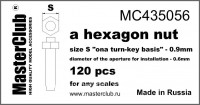 Стандартная гайка, размер под ключ - 0.9 мм; диаметр отверстия для монтажа - 0.6 мм; 120 шт.